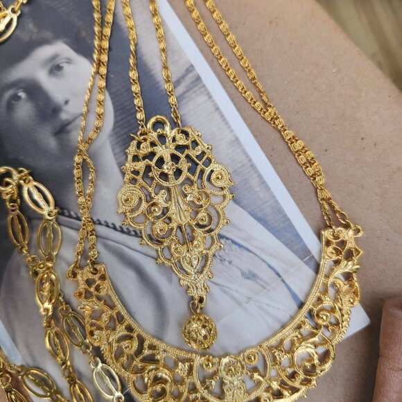 Vintage 1970's Egyptian Revival Tiered Chandelier Statement Necklace - Picture 7 of 14